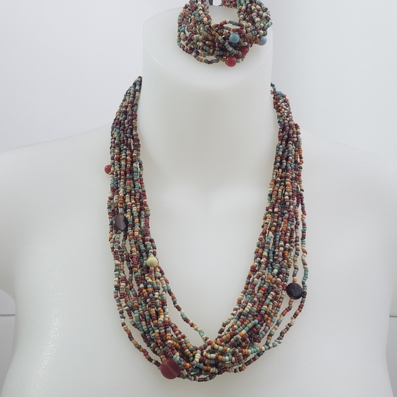 Multi Color Seed Bead Necklace and Bracelet Set - Picture 4 of 5